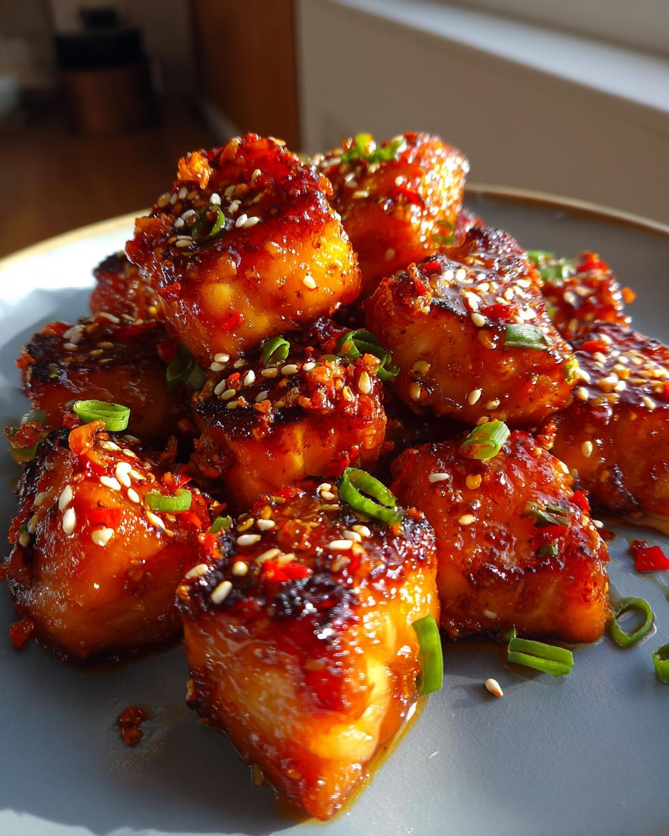 Close-up of a pile of glistening Hot Honey Salmon Bites, sprinkled with sesame seeds and chopped scallions.