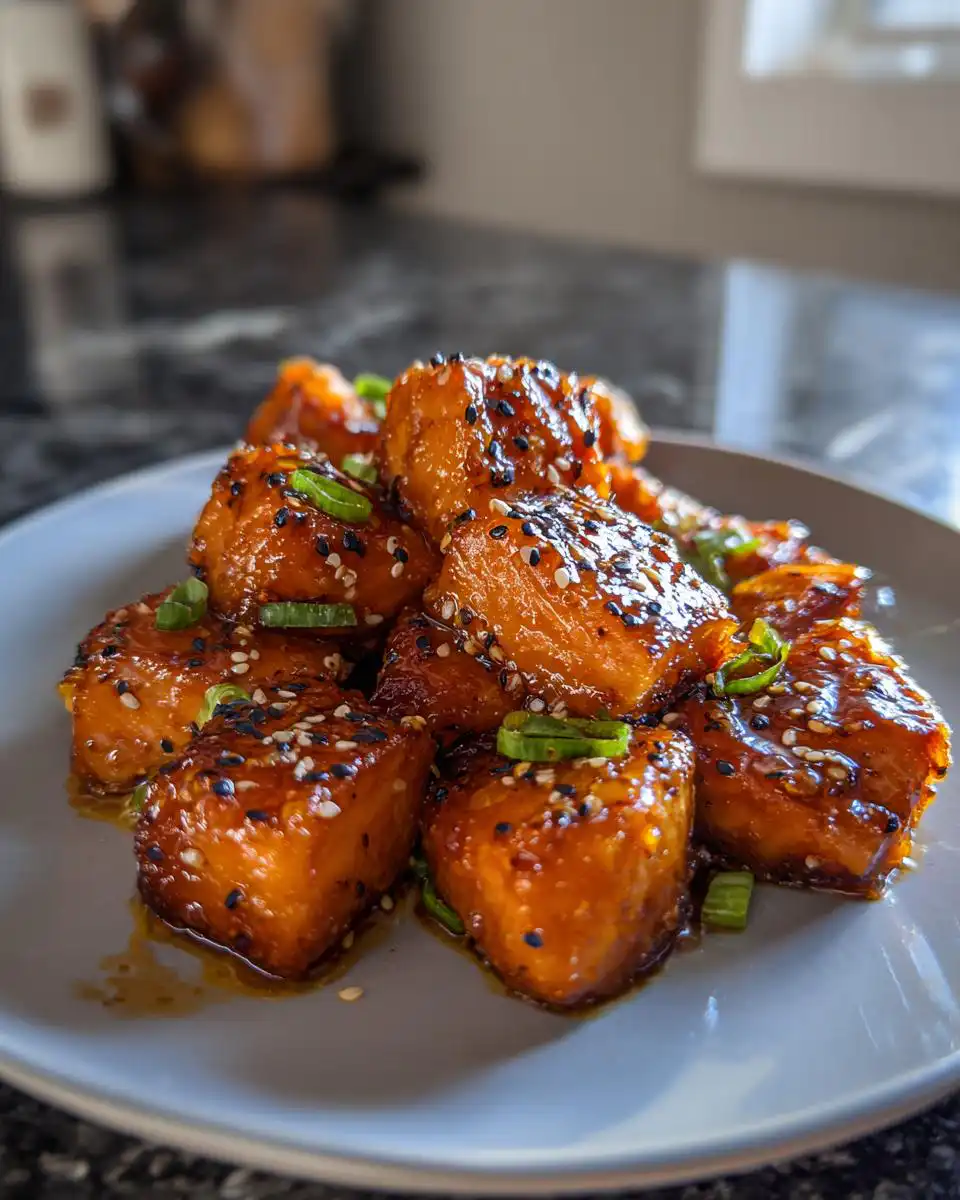 Close-up of glistening Hot Honey Salmon Bites, sprinkled with sesame seeds and green onions on a plate.