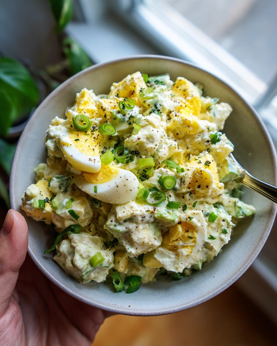 Close-up of Keto Avocado Egg Salad with chopped eggs, avocado, and green onions in a bowl, seasoned with black pepper.
