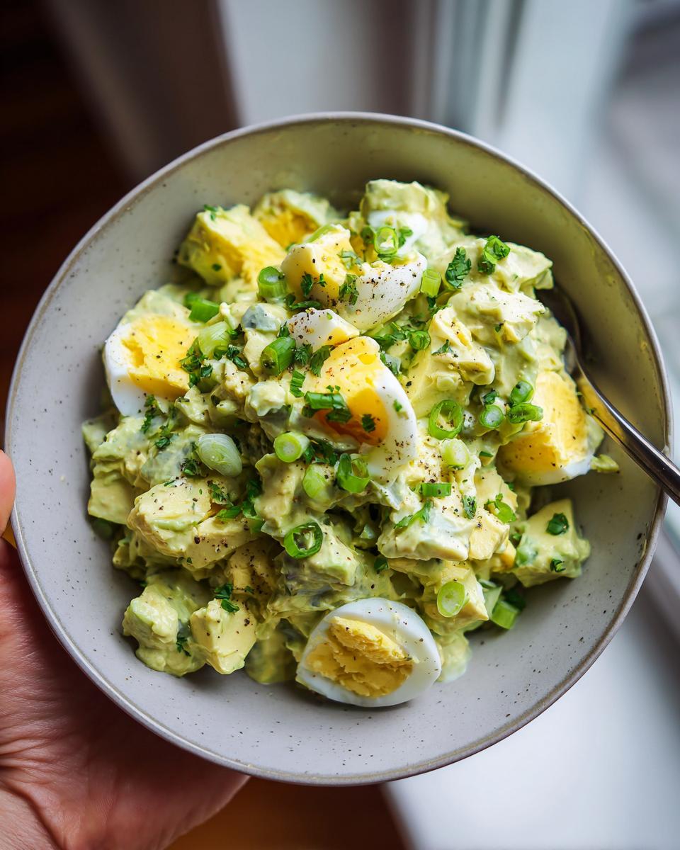 A bowl of creamy Keto Avocado Egg Salad topped with chopped hard-boiled eggs and green onions.