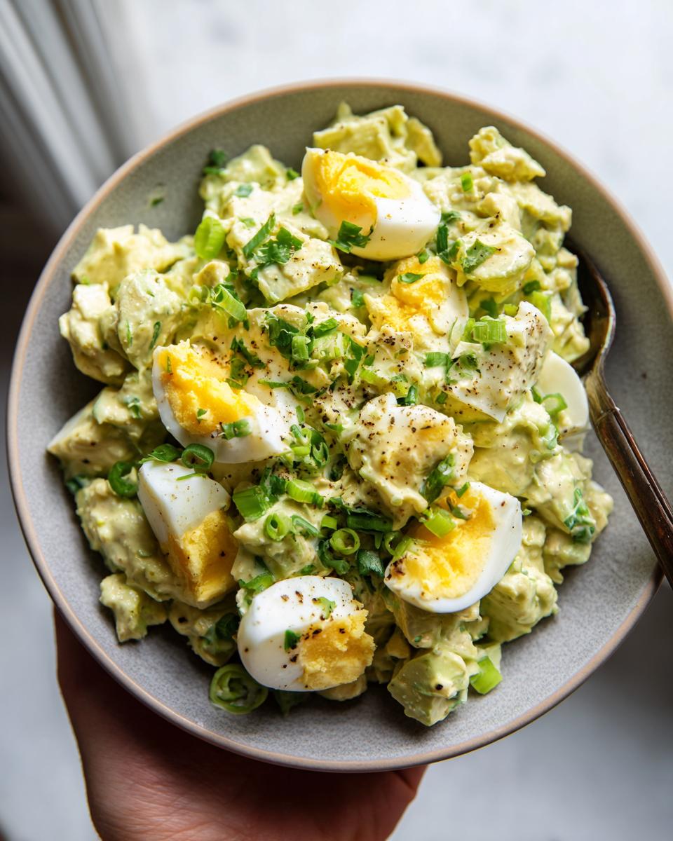 A close-up of Keto Avocado Egg Salad served in a bowl, topped with chopped hard-boiled eggs and green onions.