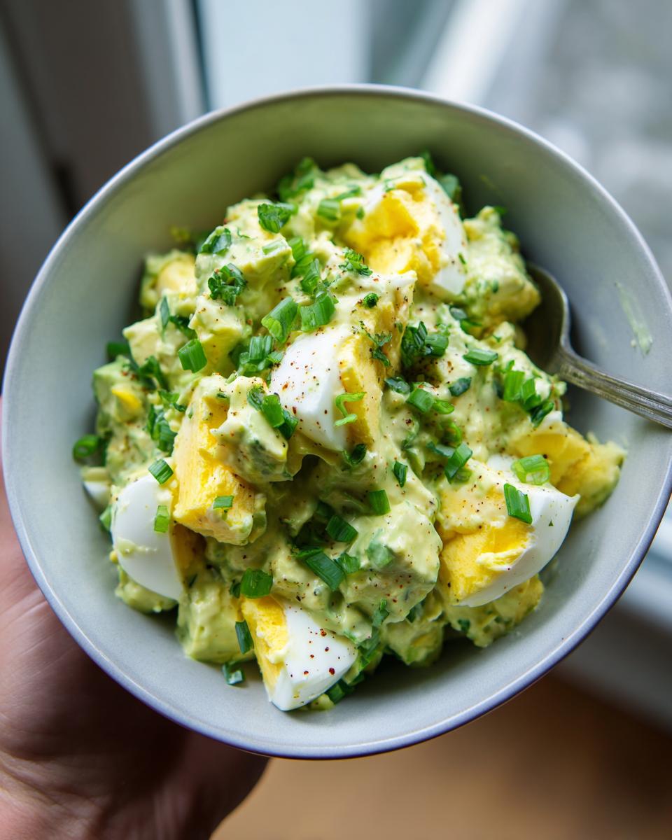 A close-up of Keto Avocado Egg Salad in a light grey bowl, topped with chopped green onions and paprika.