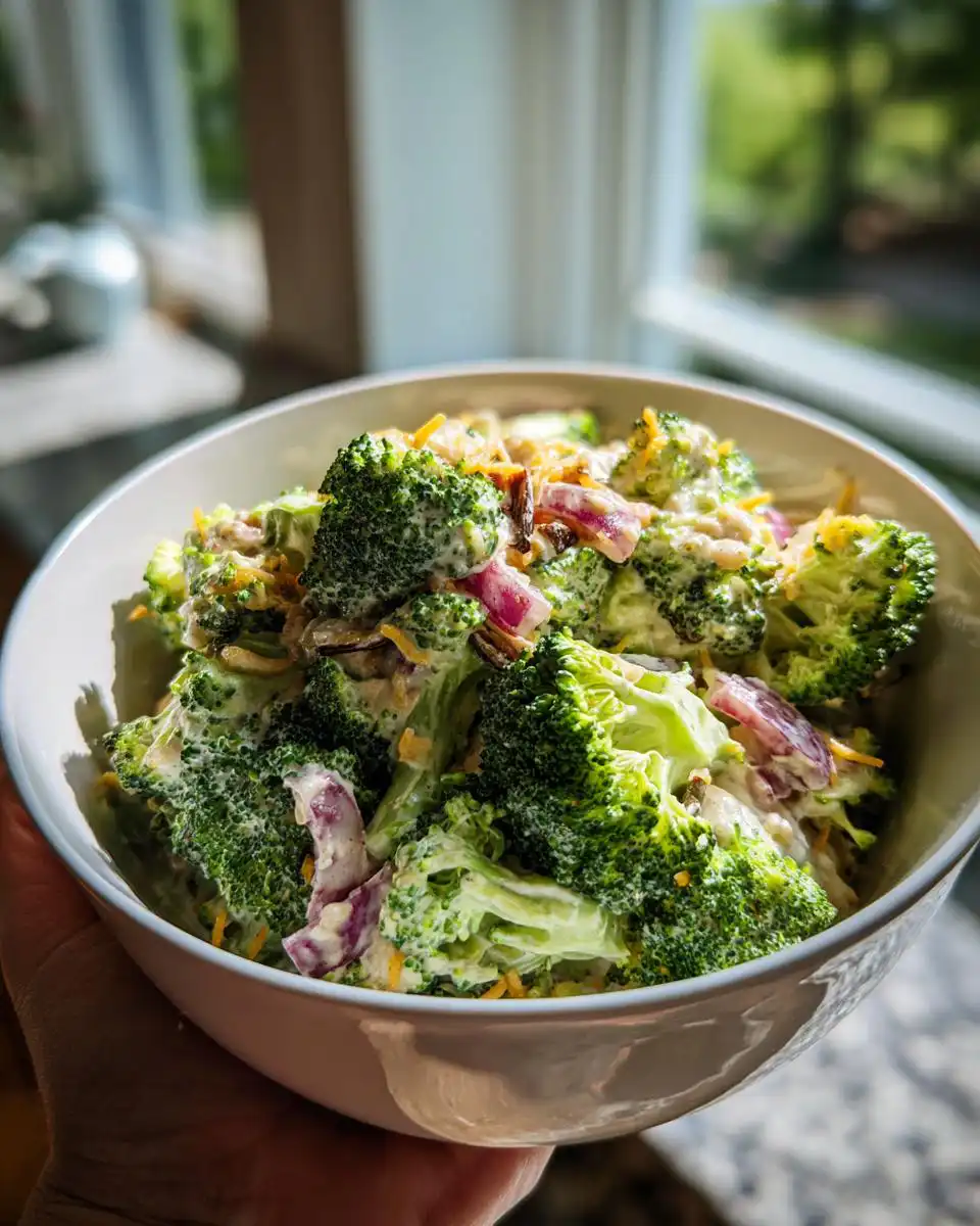 A close-up of a creamy Keto Broccoli Salad with red onion and shredded cheese in a white bowl.