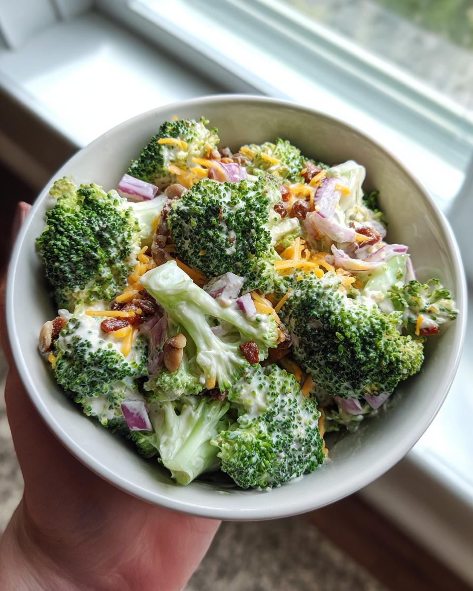 A close-up of a bowl of Keto Broccoli Salad with fresh broccoli florets, shredded cheddar cheese, red onion, and bacon bits.