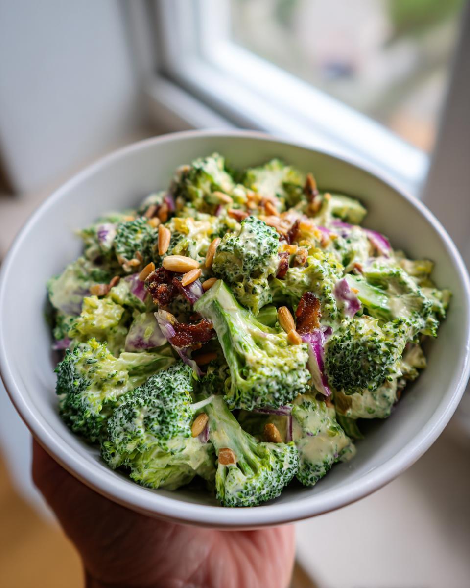 A white bowl filled with creamy Keto Broccoli Salad, featuring fresh broccoli florets, red onion, bacon bits, and pine nuts.