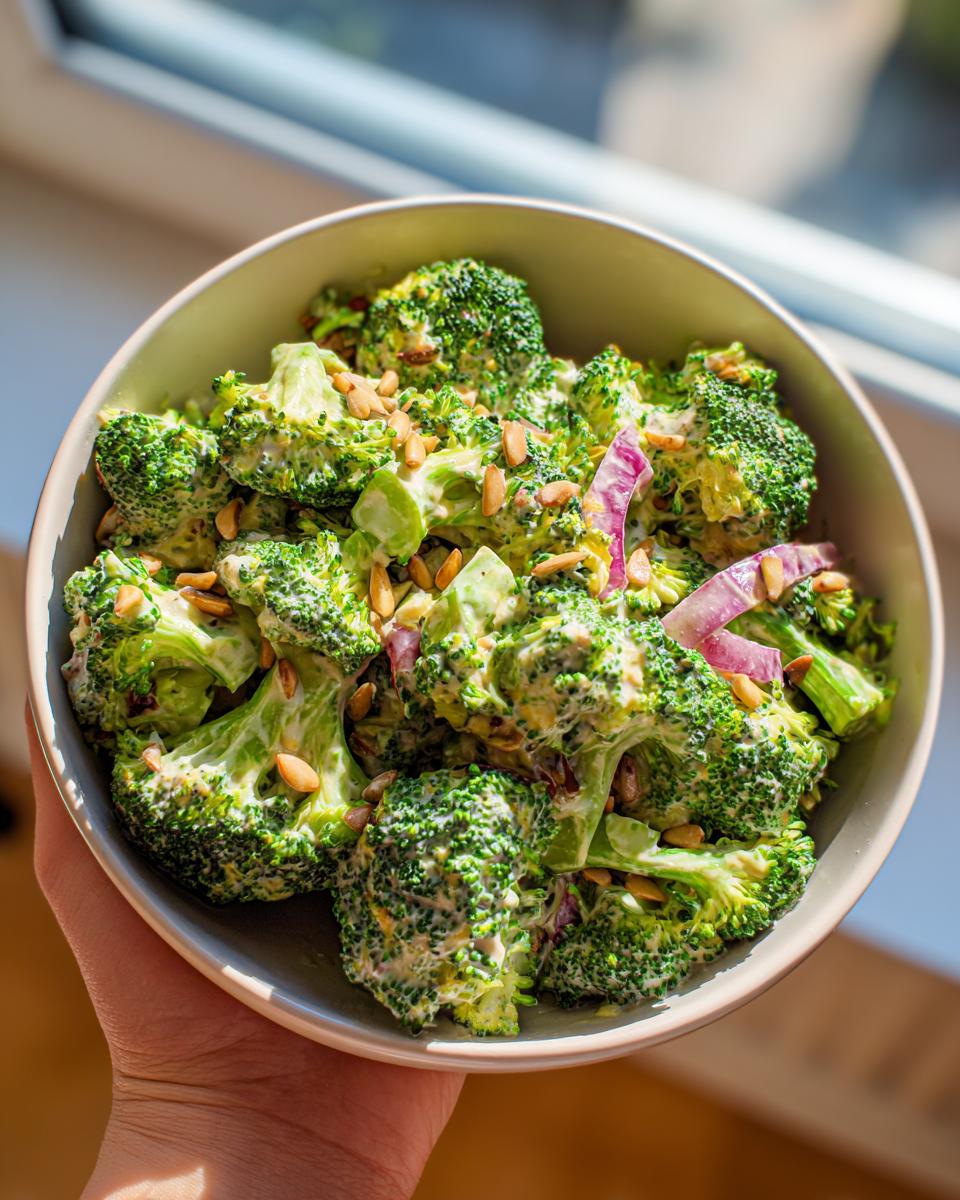 A bowl of delicious Keto Broccoli Salad with creamy dressing, red onion, and sunflower seeds.