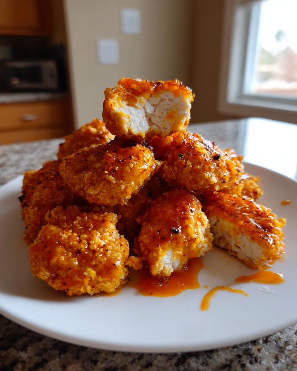 A pile of delicious Keto Buffalo Chicken Nuggets, coated in a spicy buffalo sauce, with one nugget broken open to show the juicy chicken inside.