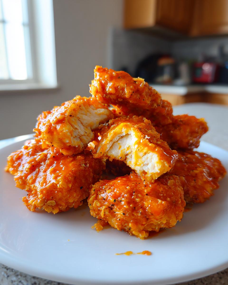 A close-up shot of a pile of crispy Keto Buffalo Chicken Nuggets coated in a vibrant orange buffalo sauce on a white plate.