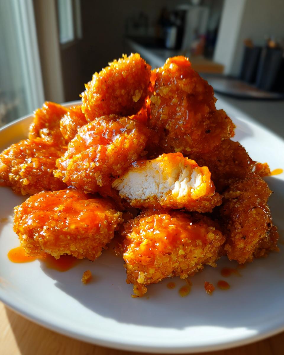 A plate piled high with golden-brown Keto Buffalo Chicken Nuggets, coated in a glistening orange buffalo sauce.