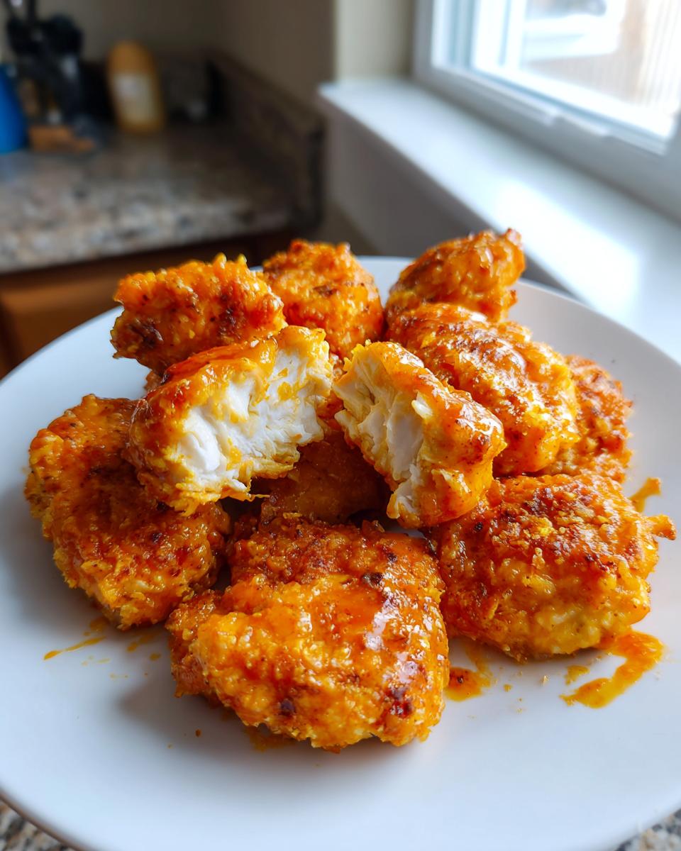 A close-up of a plate piled high with golden-brown Keto Buffalo Chicken Nuggets, one nugget broken open to reveal juicy chicken.
