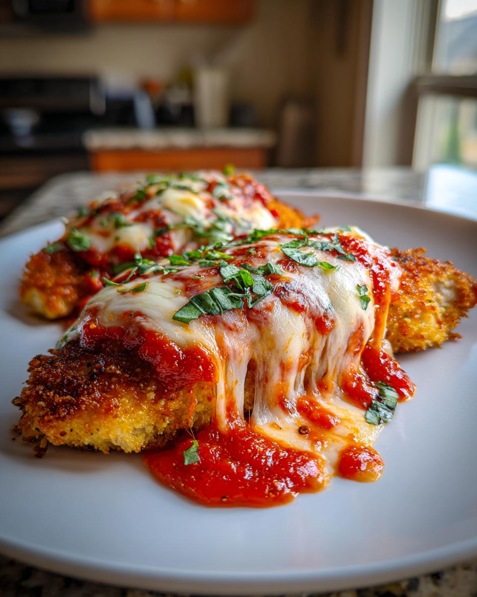 Close-up of two pieces of Keto Chicken Parmesan, topped with melted cheese and marinara sauce, garnished with basil.