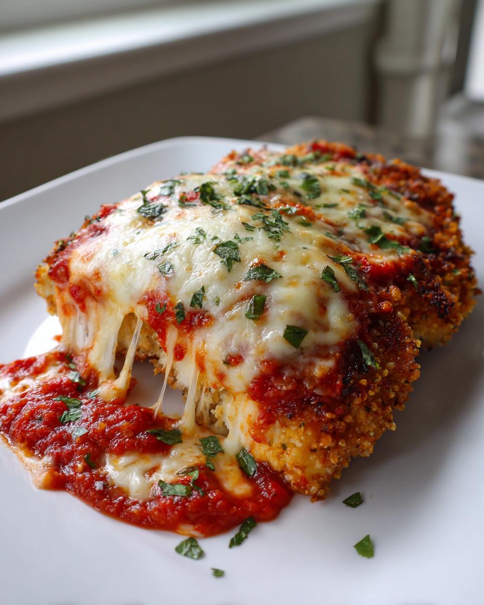 A close-up of a Keto Chicken Parmesan Recipe, featuring crispy breaded chicken topped with marinara sauce and melted mozzarella cheese, garnished with parsley.