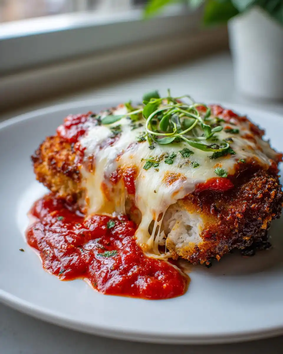 A close-up of a golden-brown Keto Chicken Parmesan, topped with melted mozzarella cheese and marinara sauce, garnished with microgreens.