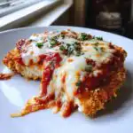 A close-up of a slice of Keto Chicken Parmesan Recipe, featuring crispy breading, melted mozzarella cheese, and marinara sauce.