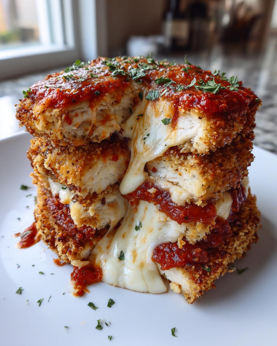 Stack of Keto Chicken Parmesan cutlets with melted mozzarella cheese and marinara sauce, topped with parsley.
