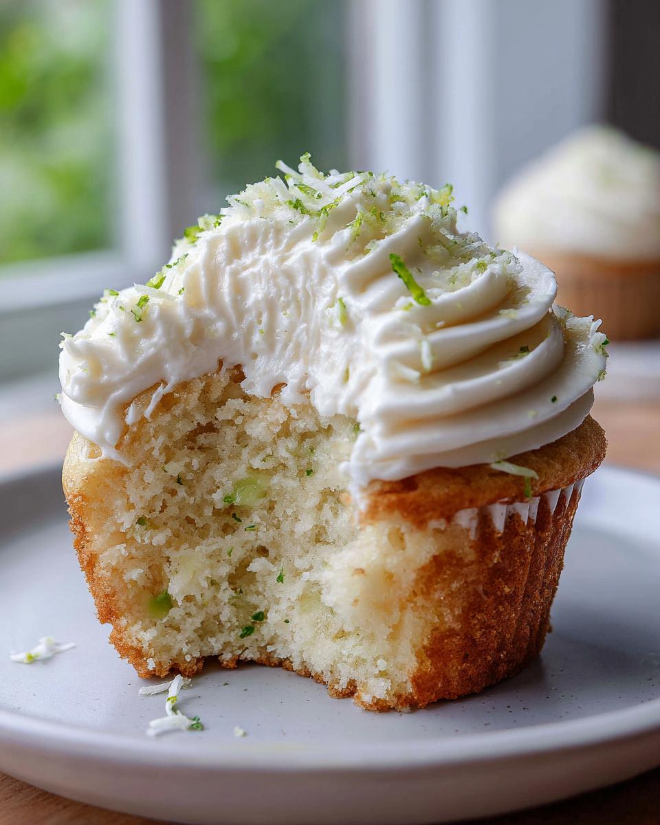 A close-up of a keto coconut lime cupcake with creamy frosting and lime zest, a bite taken out.