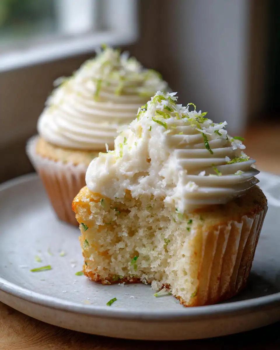 A close-up of a keto coconut lime cupcake with a bite taken out, showing the moist crumb and creamy frosting.