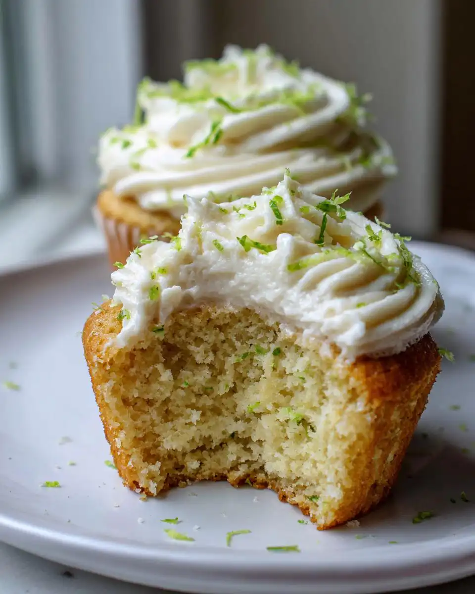 A bite taken out of a keto coconut lime cupcake topped with creamy frosting and lime zest.