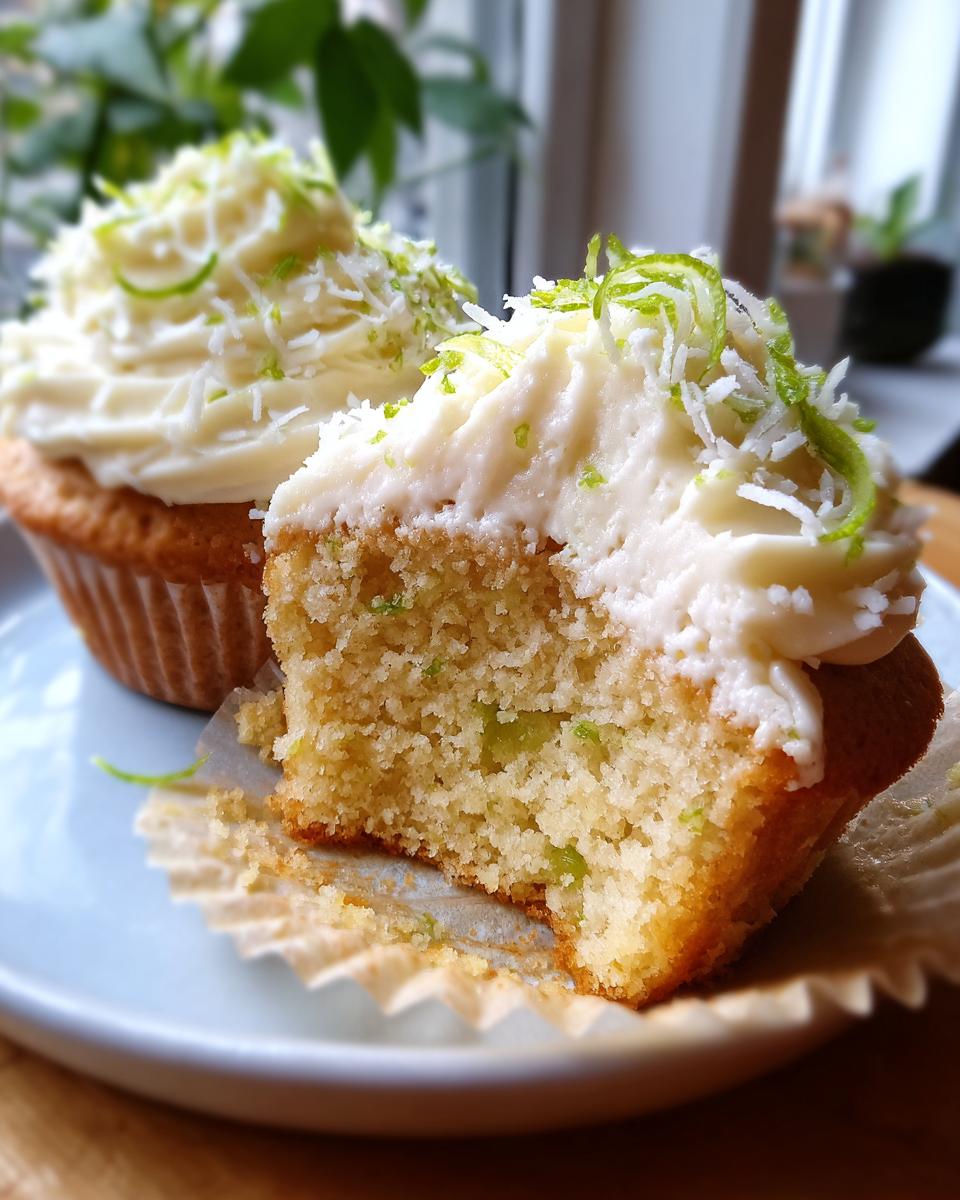 Close-up of a keto coconut lime cupcake, one is cut in half revealing the crumb and lime zest.