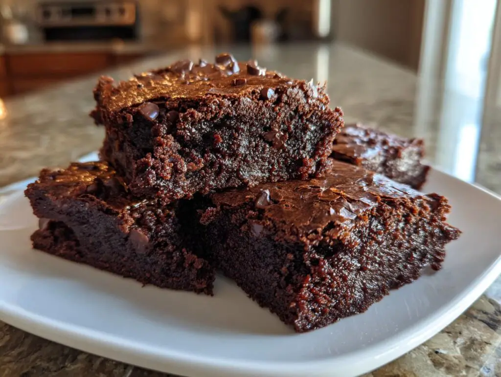 Close-up of decadent Keto Cottage Cheese Brownies, rich chocolatey squares topped with chocolate chips.