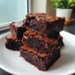 A stack of rich, fudgy Keto Cottage Cheese Brownies with visible chocolate chips.