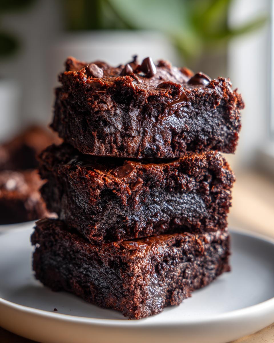 A stack of three rich, dark Keto Cottage Cheese Brownies topped with chocolate chips, presented on a white plate.