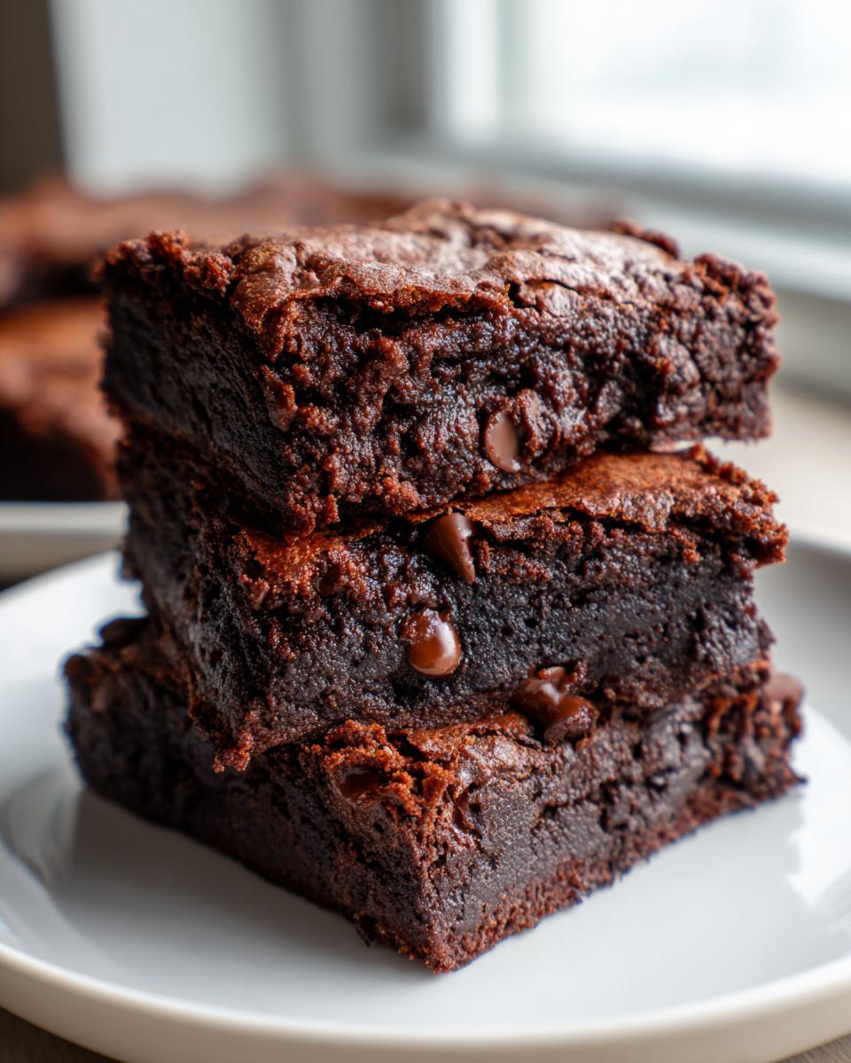 A close-up stack of three rich, fudgy Keto Cottage Cheese Brownies with visible chocolate chips.