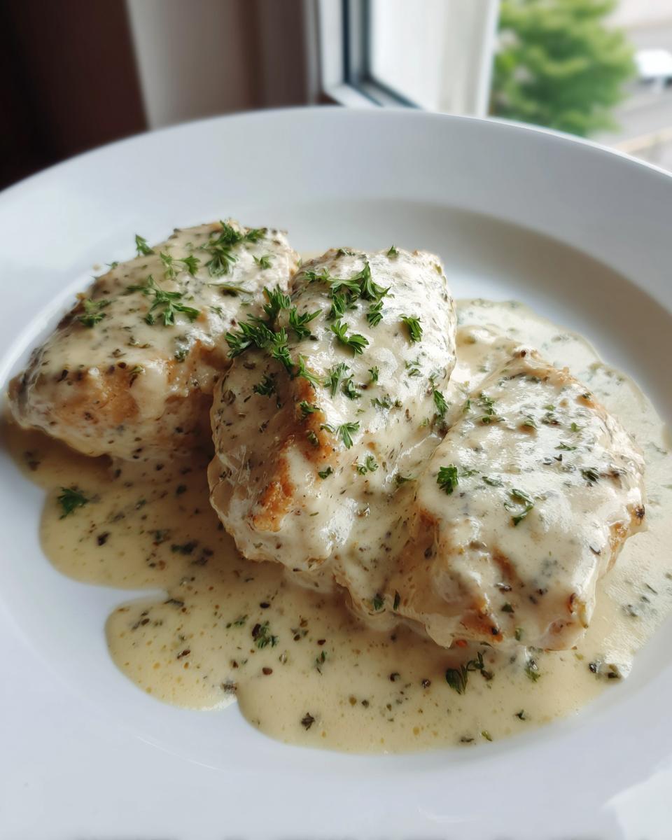 Three pieces of Keto Crockpot Chicken smothered in a rich, creamy herb sauce and garnished with fresh parsley.