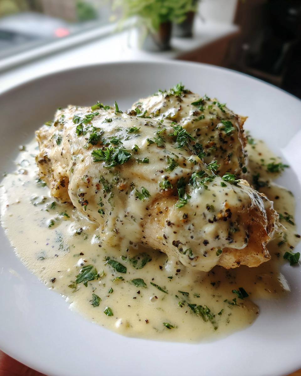 Two pieces of Keto Crockpot Chicken covered in a creamy sauce and sprinkled with parsley on a white plate.
