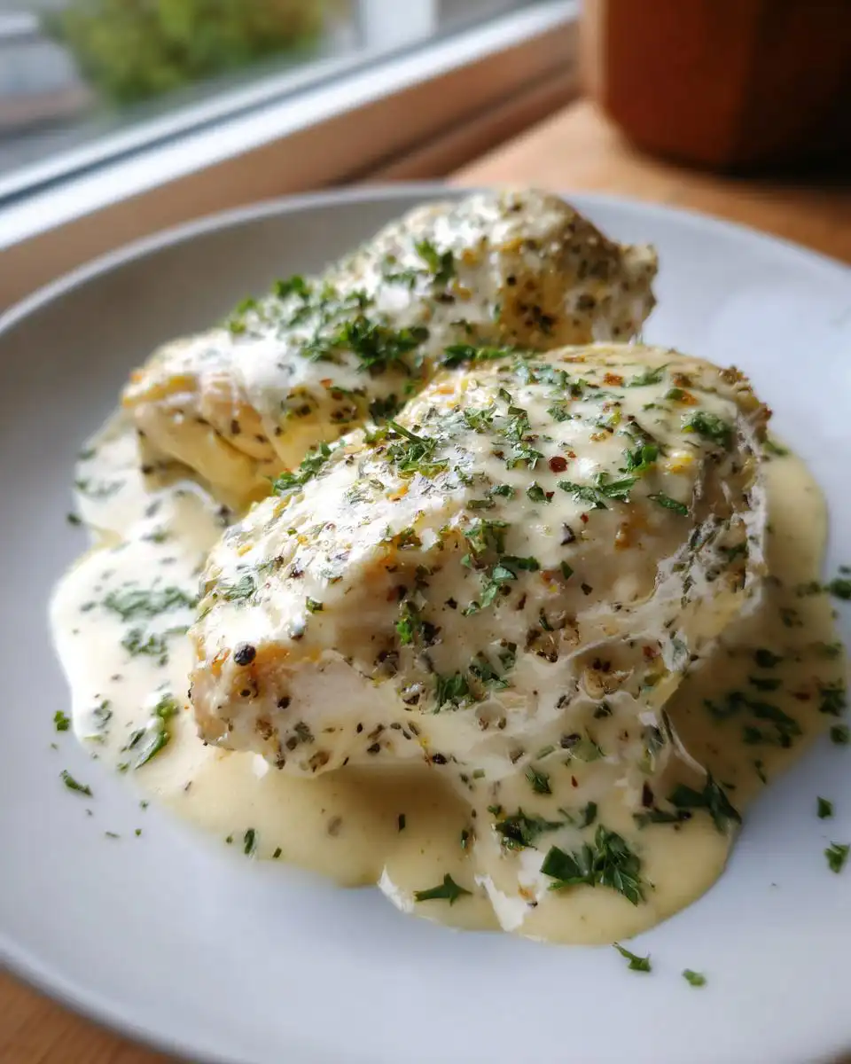 Two pieces of tender Keto Crockpot Chicken covered in a rich, creamy sauce and sprinkled with fresh parsley.