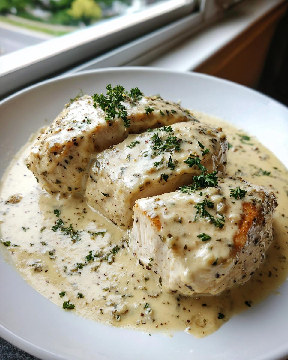 Three pieces of tender Keto Crockpot Chicken bathed in a creamy herb sauce, garnished with fresh parsley.