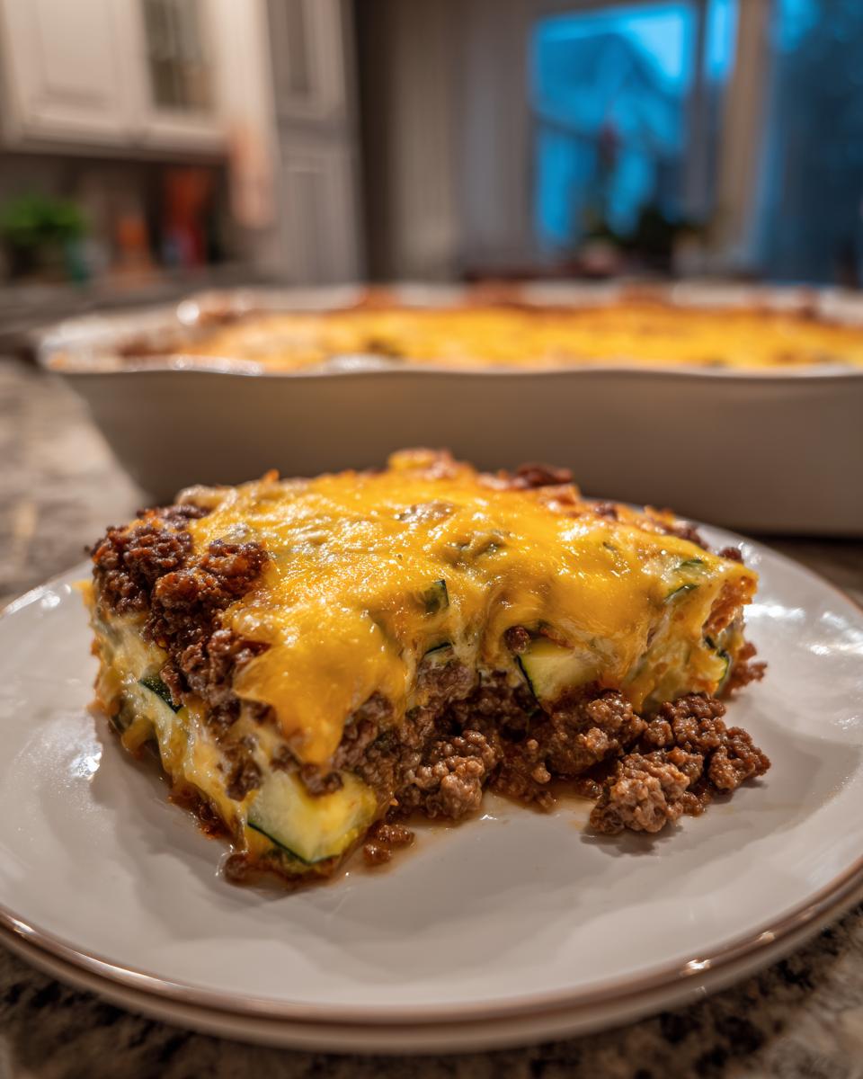A slice of Keto Ground Beef Casserole with layers of ground beef, zucchini, and melted cheddar cheese.