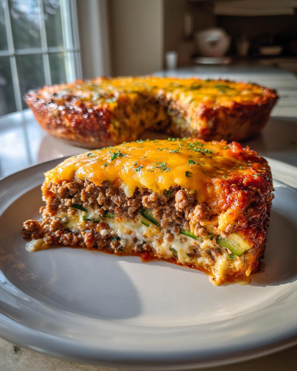 A slice of Keto Ground Beef Casserole with layers of ground beef, zucchini, cheese, and tomato sauce.