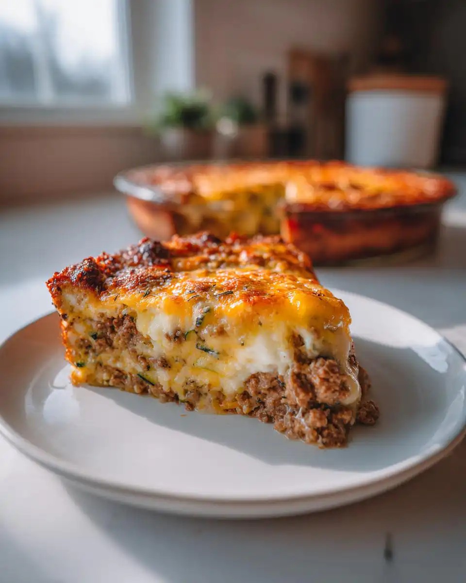 A hearty slice of Keto Ground Beef Casserole with layers of seasoned ground beef, creamy cheese, and zucchini.
