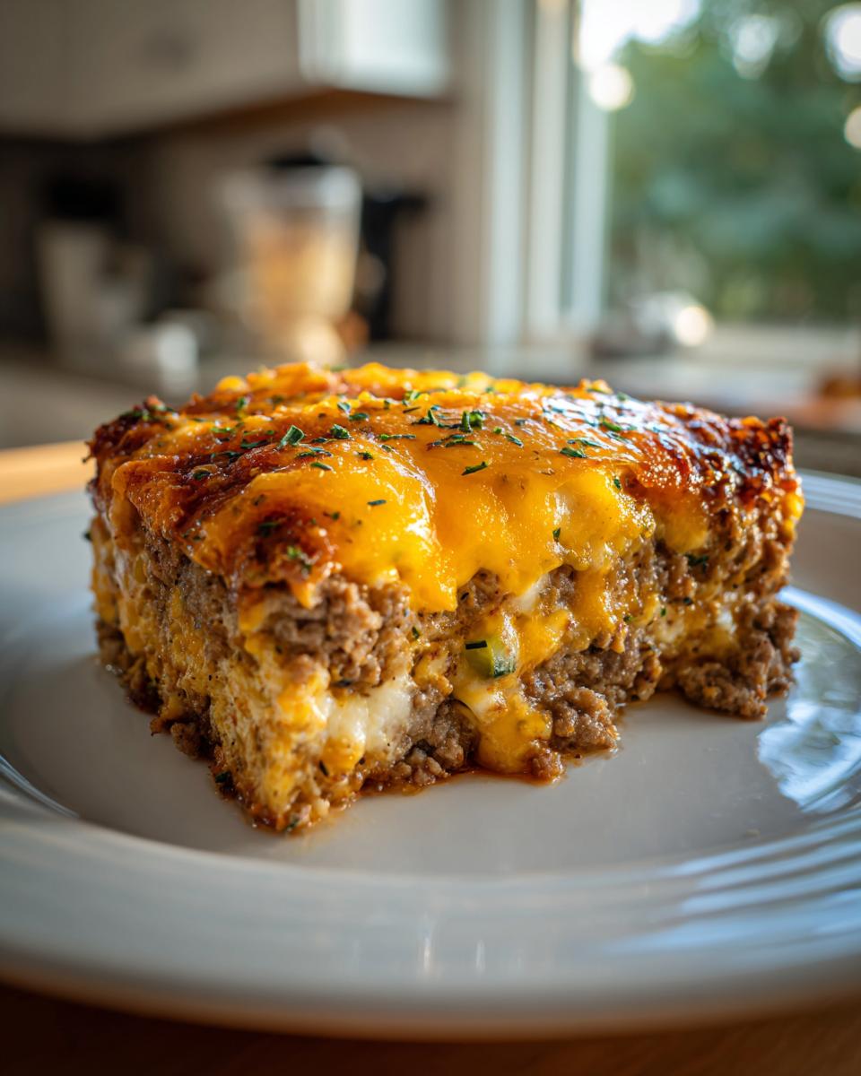 A slice of cheesy Keto Ground Beef Casserole on a white plate, featuring layers of seasoned ground beef and melted cheddar cheese.