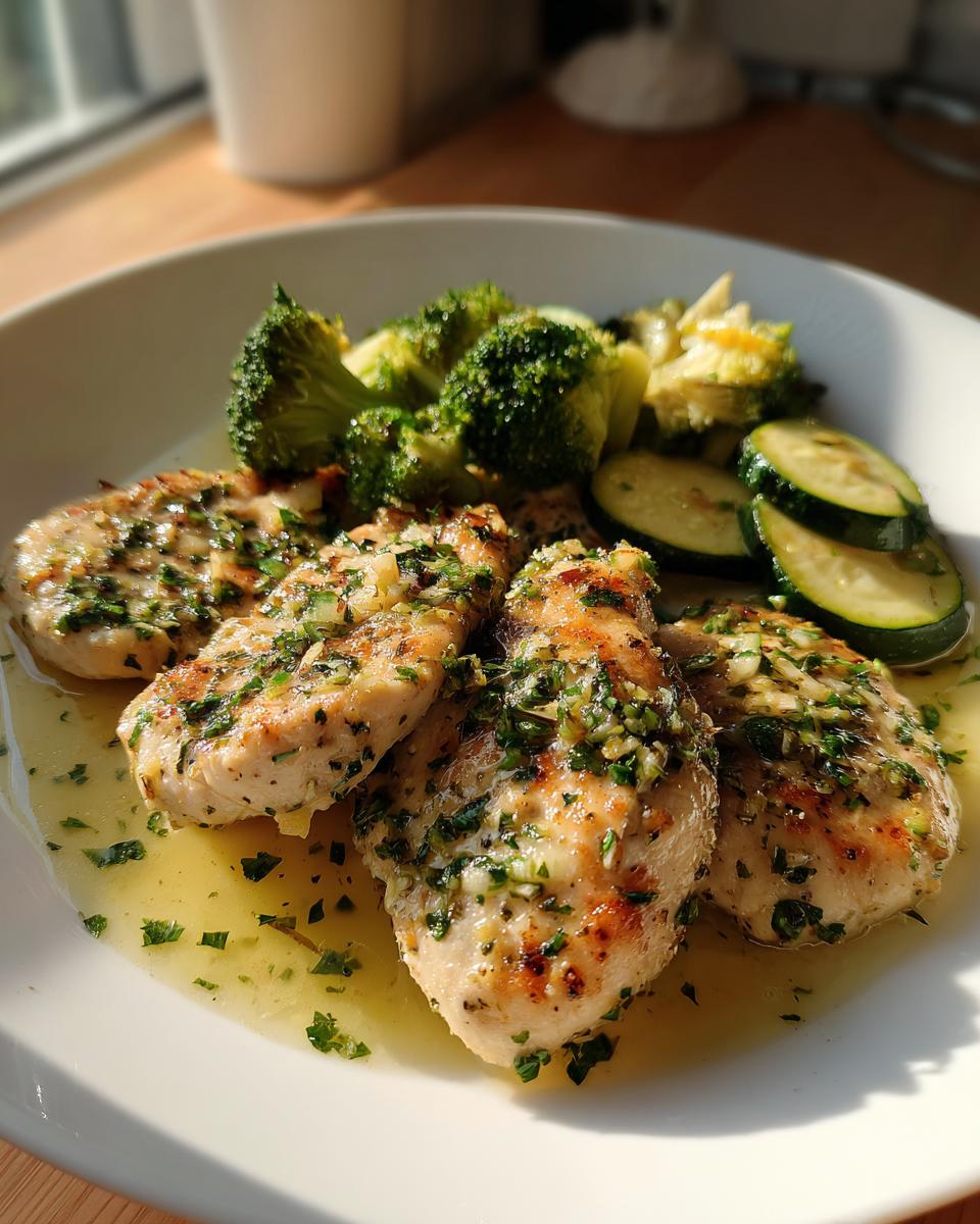 A plate of Keto Lemon Garlic Butter Chicken Dinner with broccoli and zucchini.