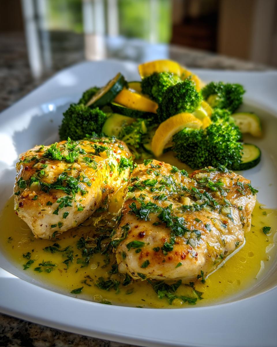 A close-up of a Keto Lemon Garlic Butter Chicken Dinner with steamed broccoli, zucchini, and lemon slices.