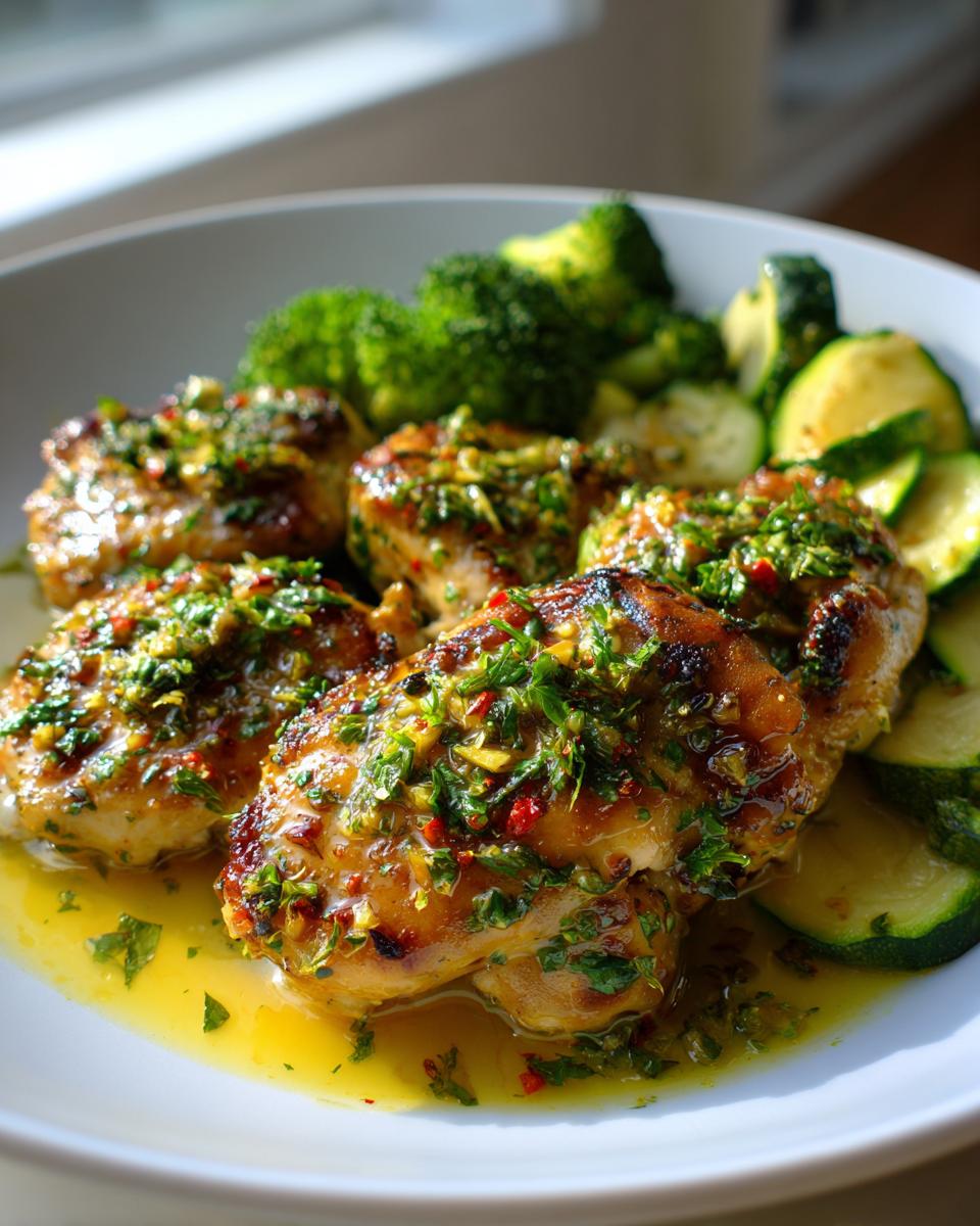 A delicious Keto Lemon Garlic Butter Chicken Dinner served with steamed broccoli and zucchini.