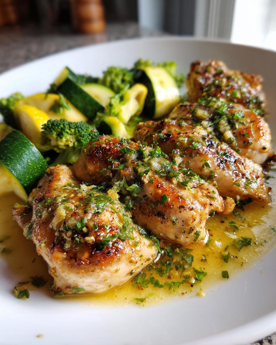 A delicious plate of Keto Lemon Garlic Butter Chicken Dinner served with steamed broccoli and zucchini.