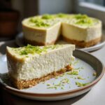 A slice of creamy Keto No Bake Key Lime Cheesecake topped with fresh lime zest, on a plate.
