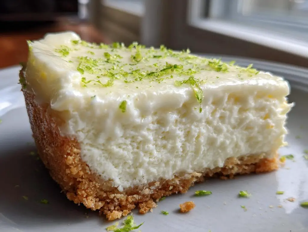 A tempting slice of Keto No Bake Key Lime Cheesecake with a crumbly crust and fresh lime zest topping.