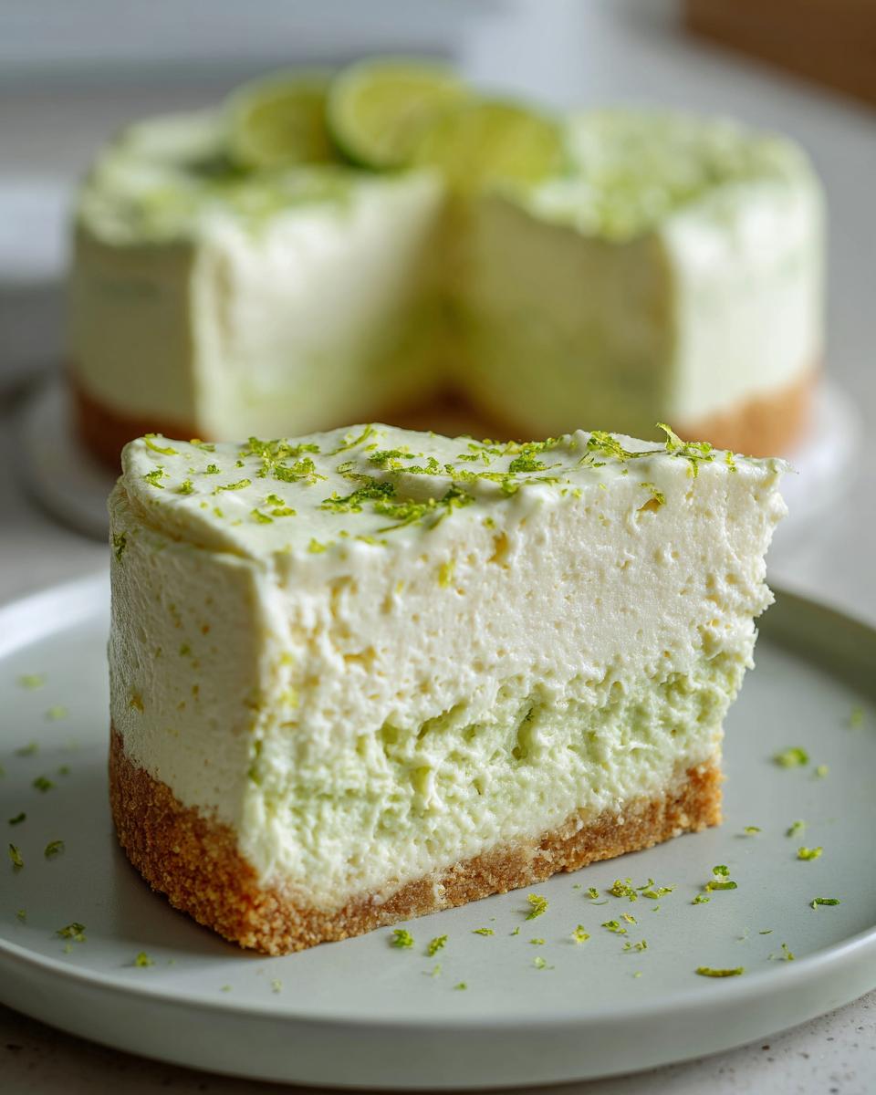 A slice of Keto No Bake Key Lime Cheesecake on a plate, showing the creamy layers and graham cracker crust.