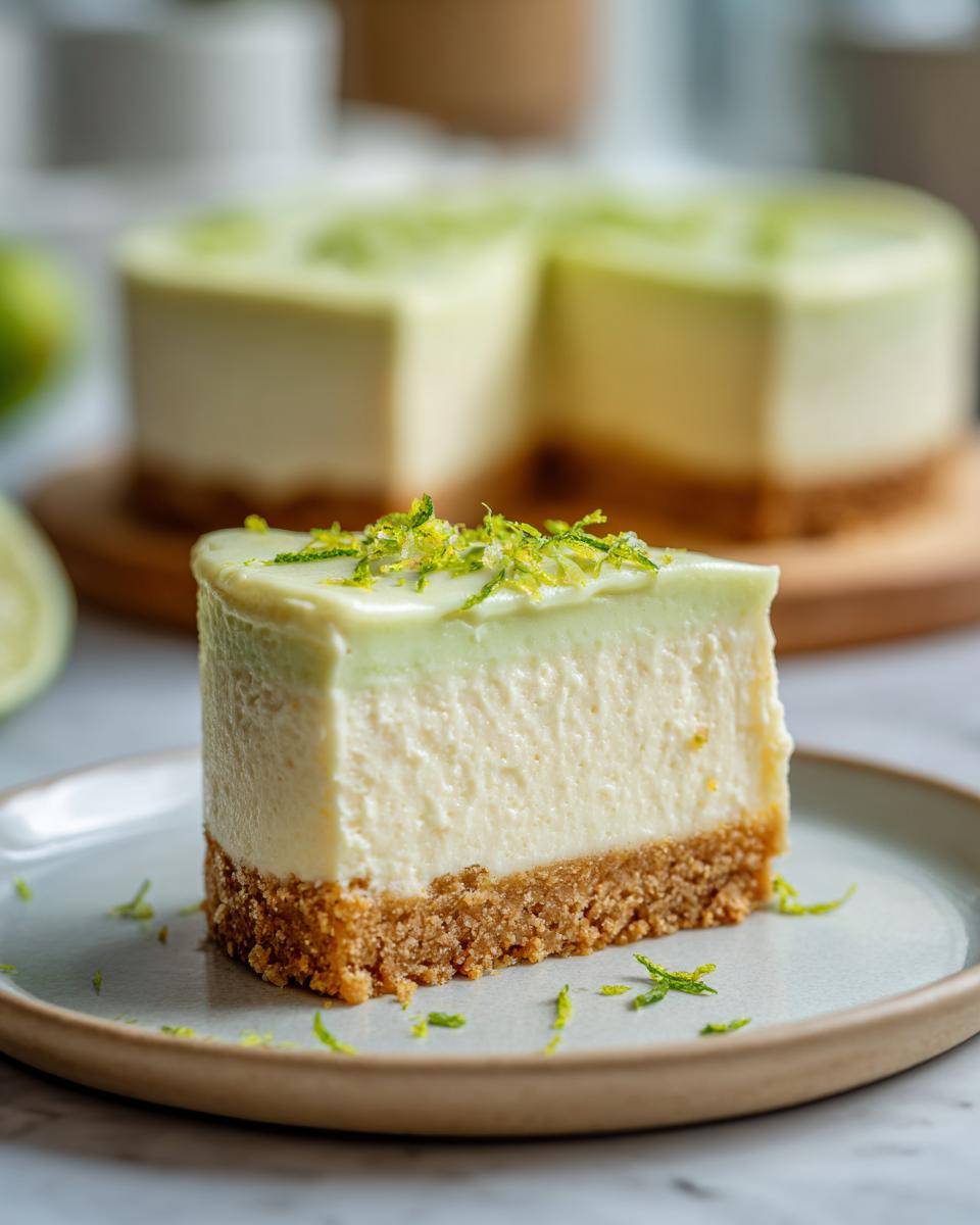 A slice of Keto No Bake Key Lime Cheesecake on a plate, topped with lime zest.