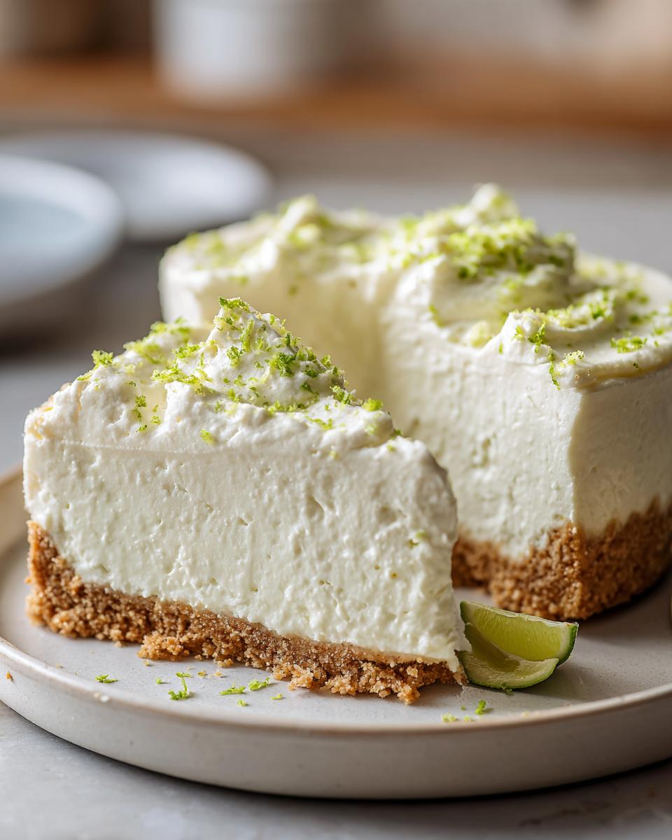 A slice of creamy Keto No Bake Key Lime Cheesecake with a graham cracker crust, topped with lime zest.