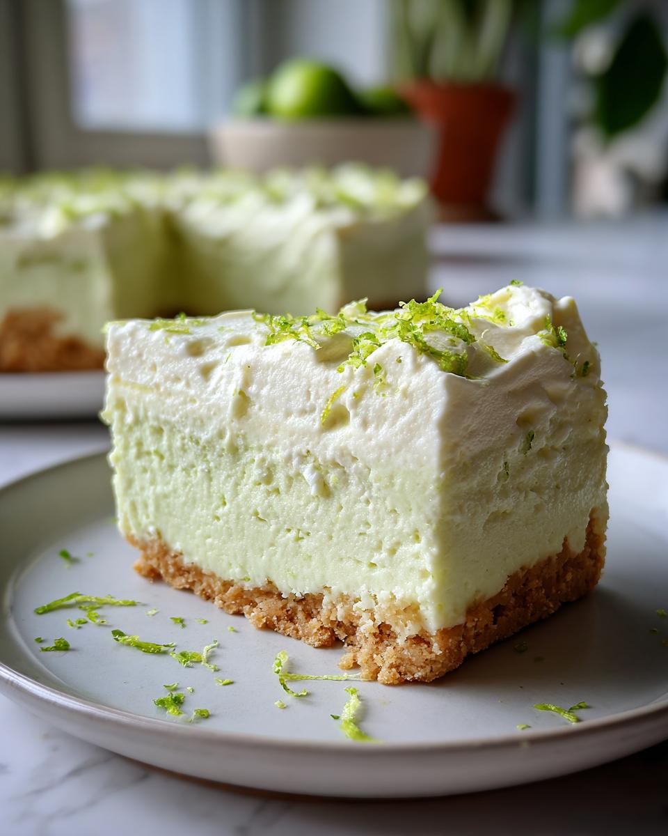 A slice of Keto No Bake Key Lime Cheesecake on a plate, topped with fresh lime zest.