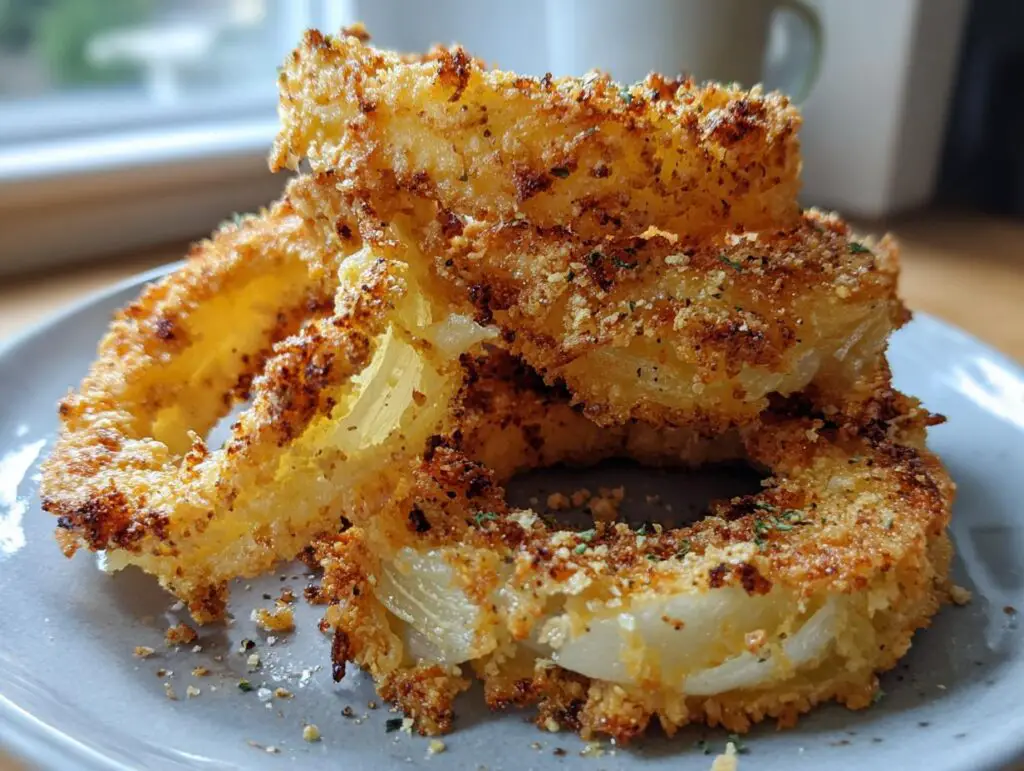 Close-up of golden-brown keto onion rings, coated in breadcrumbs and seasonings, stacked on a plate.