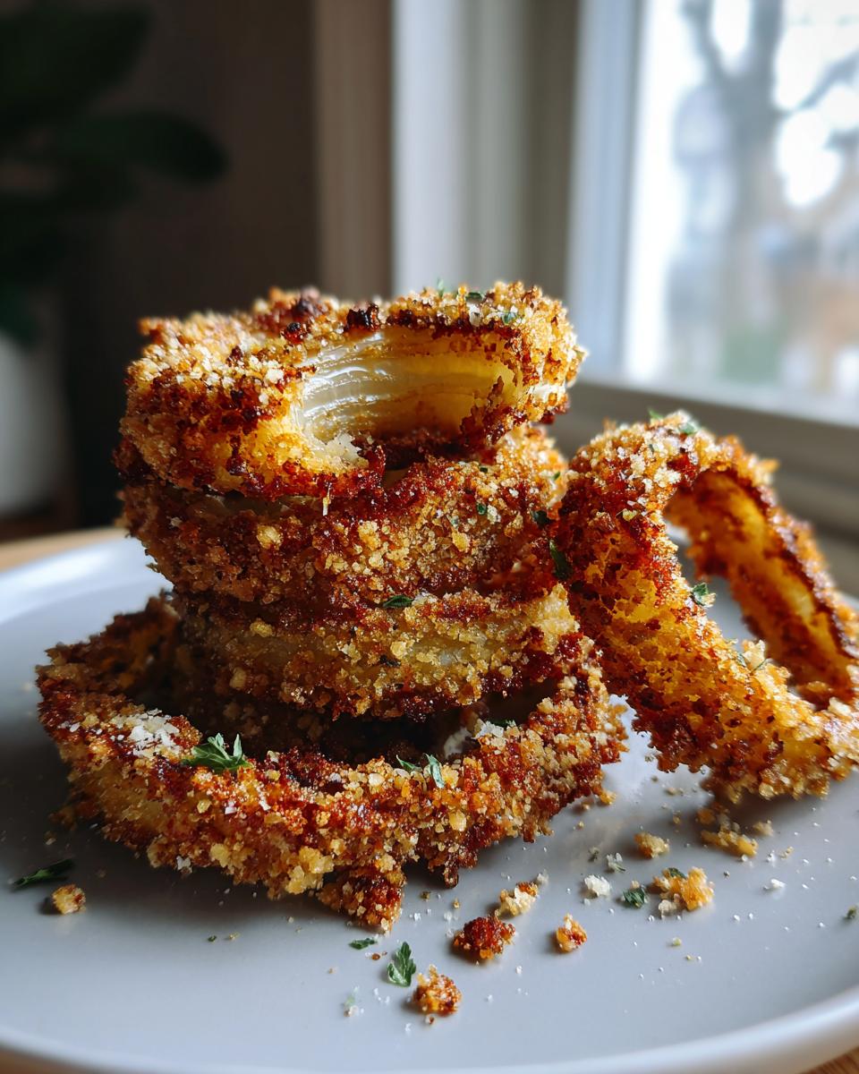 A stack of golden-brown, crispy keto onion rings coated in breadcrumbs and herbs, with one ring slightly separated.