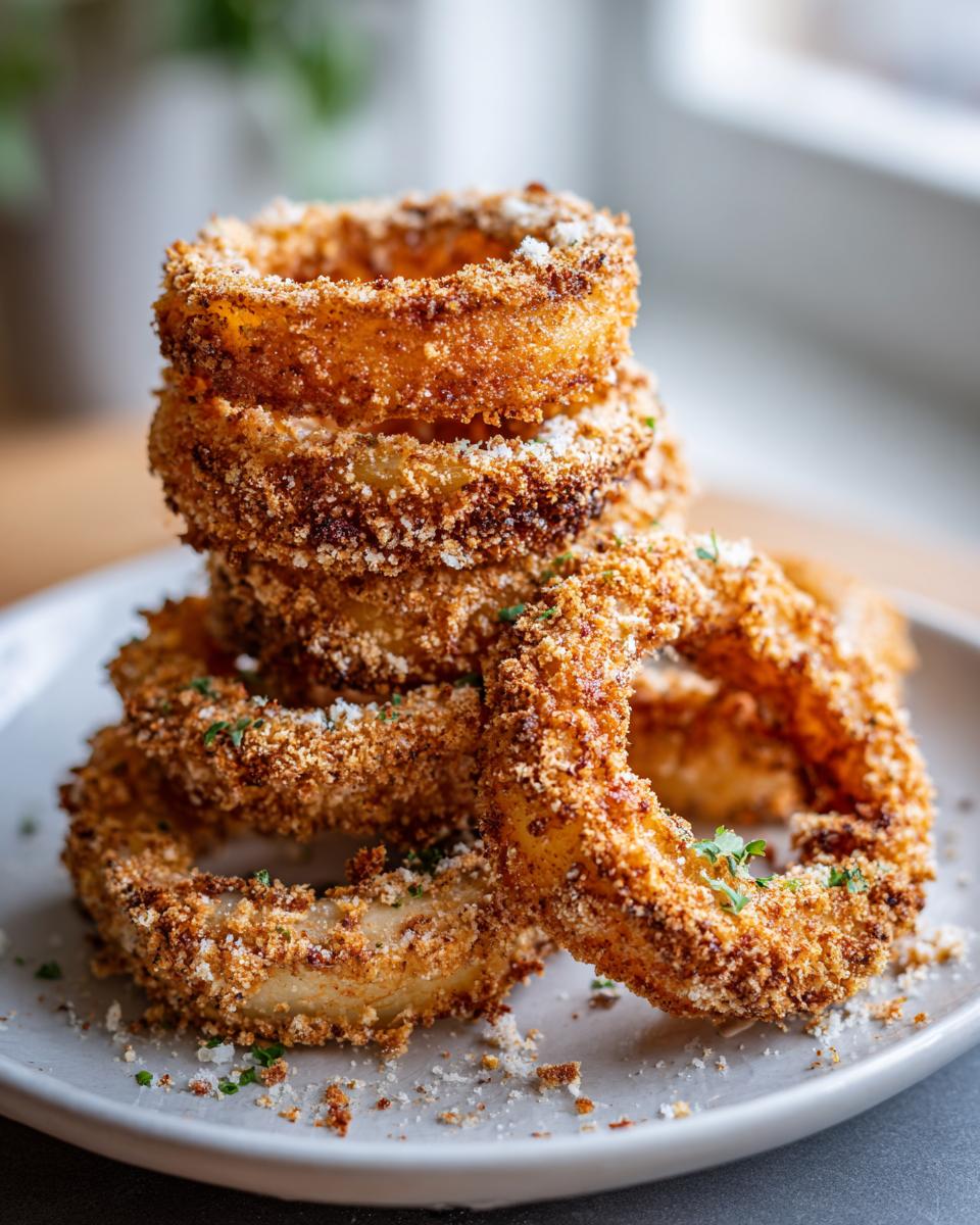 A stack of golden-brown keto onion rings, coated in breadcrumbs and herbs, on a white plate.