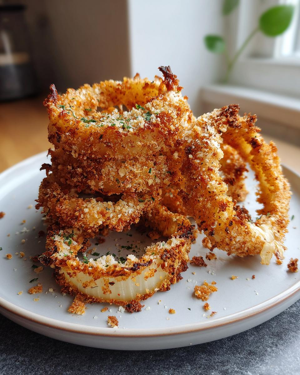 A stack of golden brown, crispy keto onion rings coated in breadcrumbs and sprinkled with parsley.