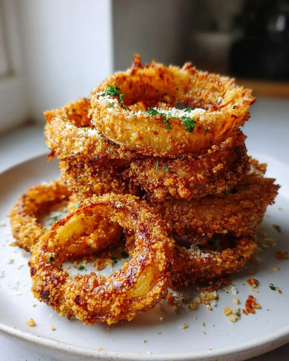 A stack of golden-brown, crispy keto onion rings, lightly sprinkled with parsley and cheese.